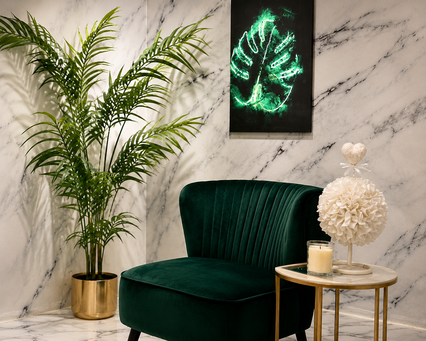 Hala Glam salon interior with green velvet chair and botanical accents